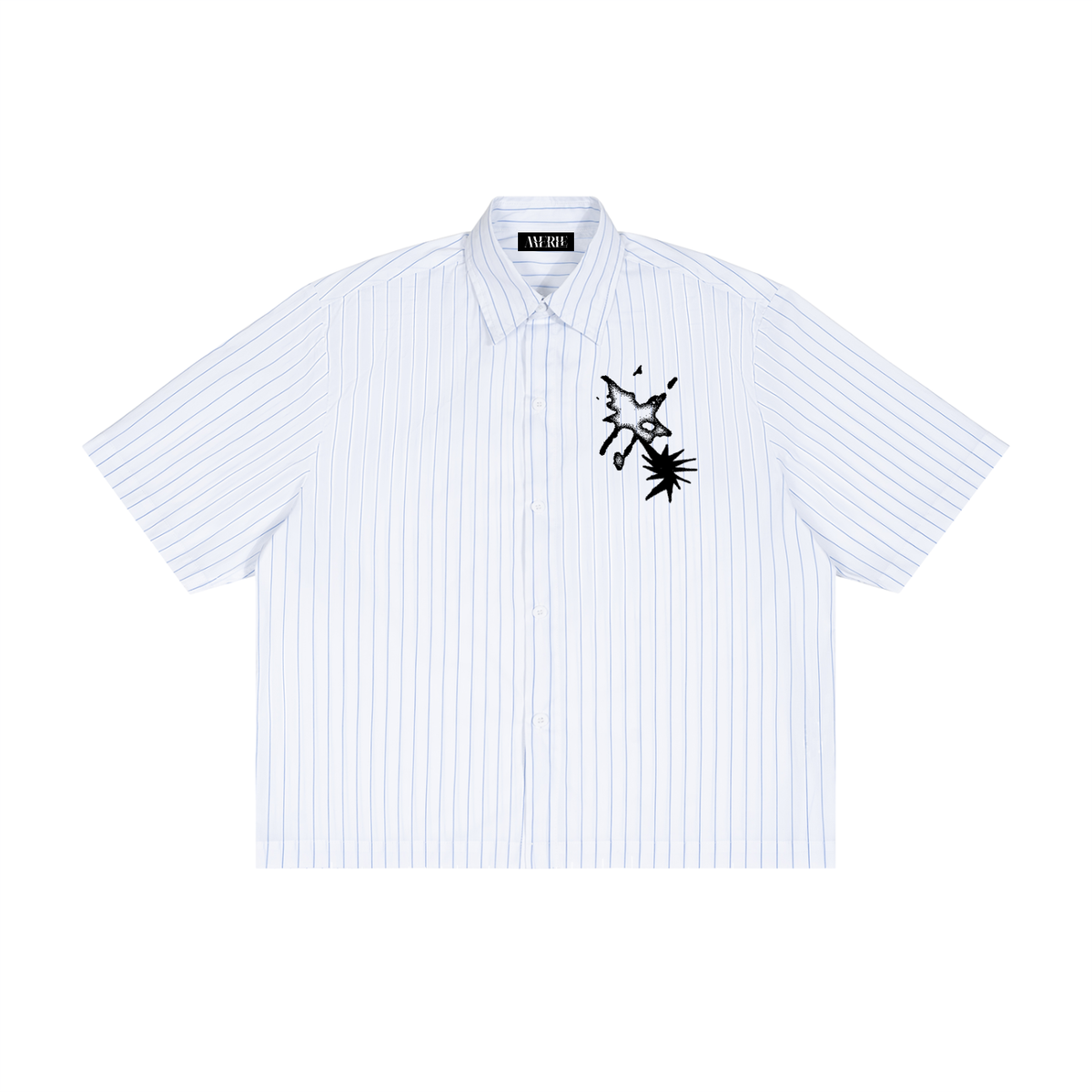 The Distortion Striped Button-Up Shirt, a relaxed white button-up with controlled graphic disruption