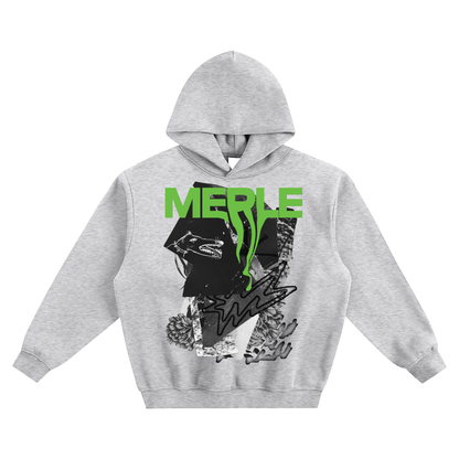 Gray hoodie with black and white graphic design and green text on a white background