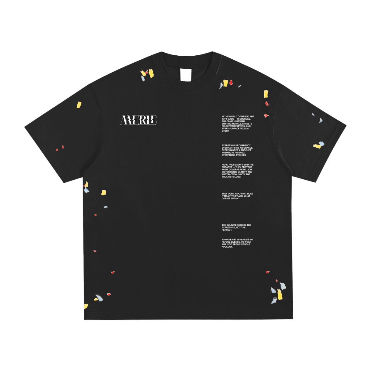 MERLE Logo Paint Splatter Tee with its distinctive handcrafted graphic details