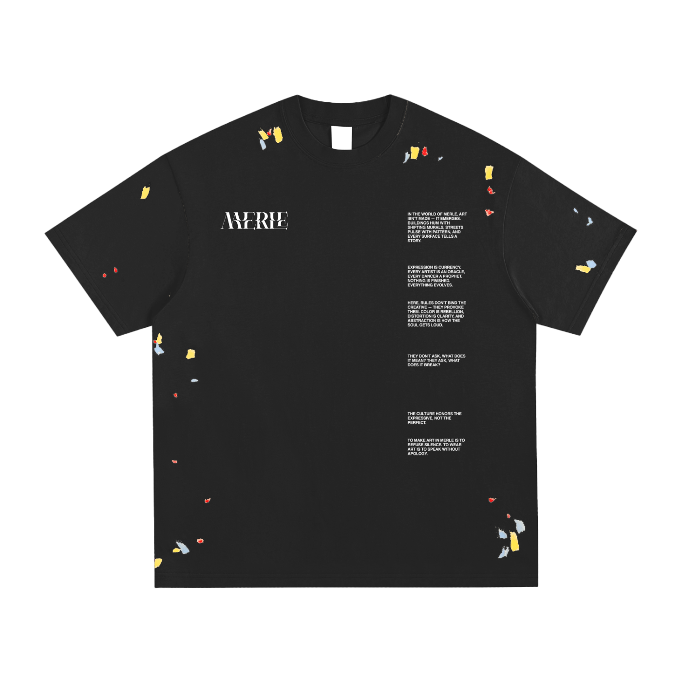 Black t-shirt with colorful small designs and text on a white background