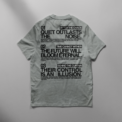 Gray t-shirt with black text on a gray background