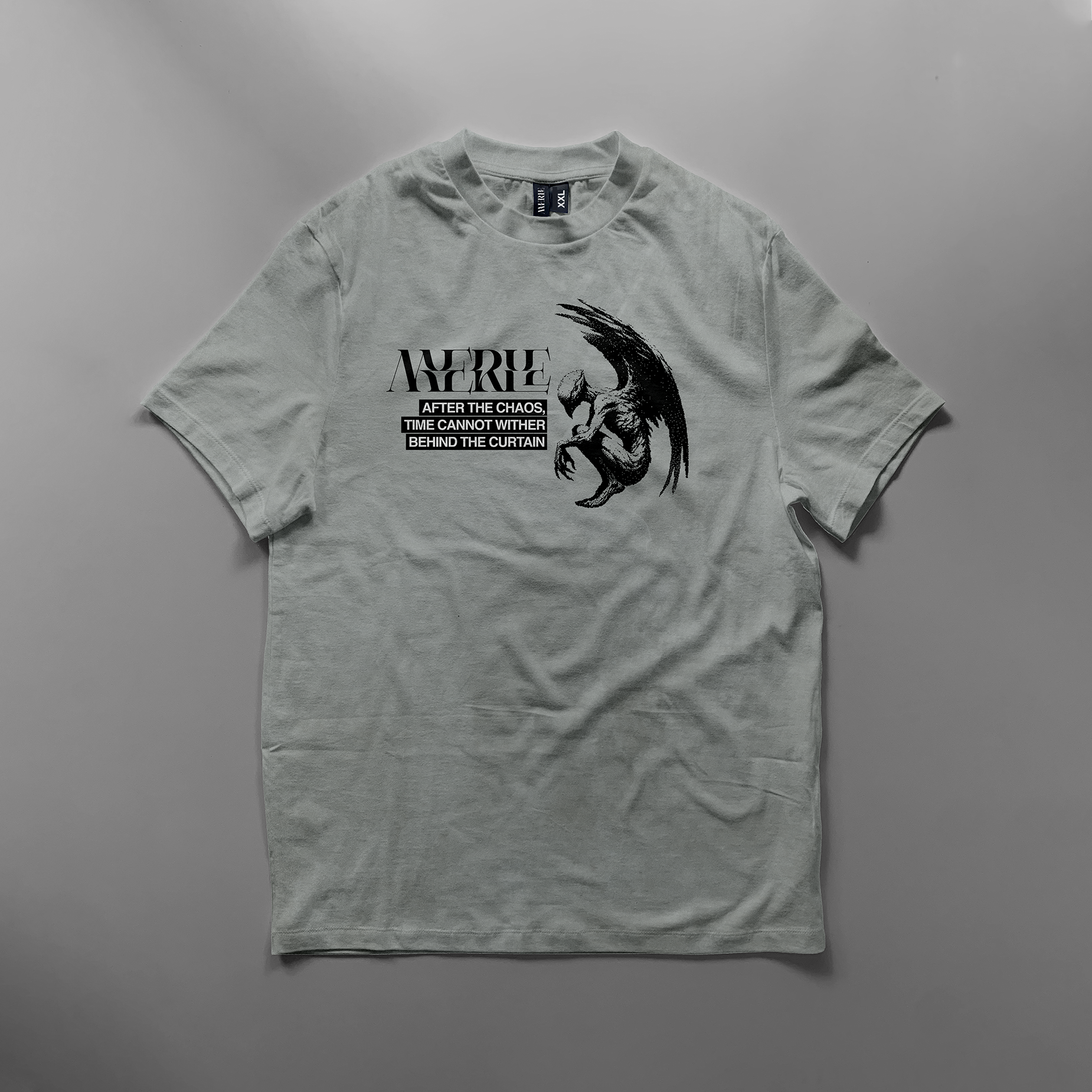 Gray t-shirt with graphic design and text on a gray background