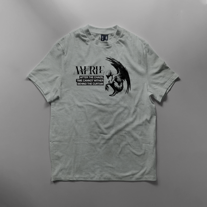 Gray t-shirt with graphic design and text on a gray background