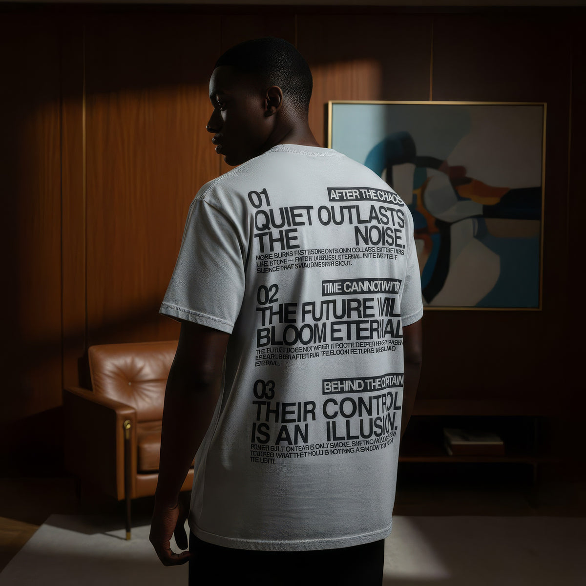 A cinematic portrait of a MERLE.LTD model in a dark wood-paneled room, wearing a graphic tee