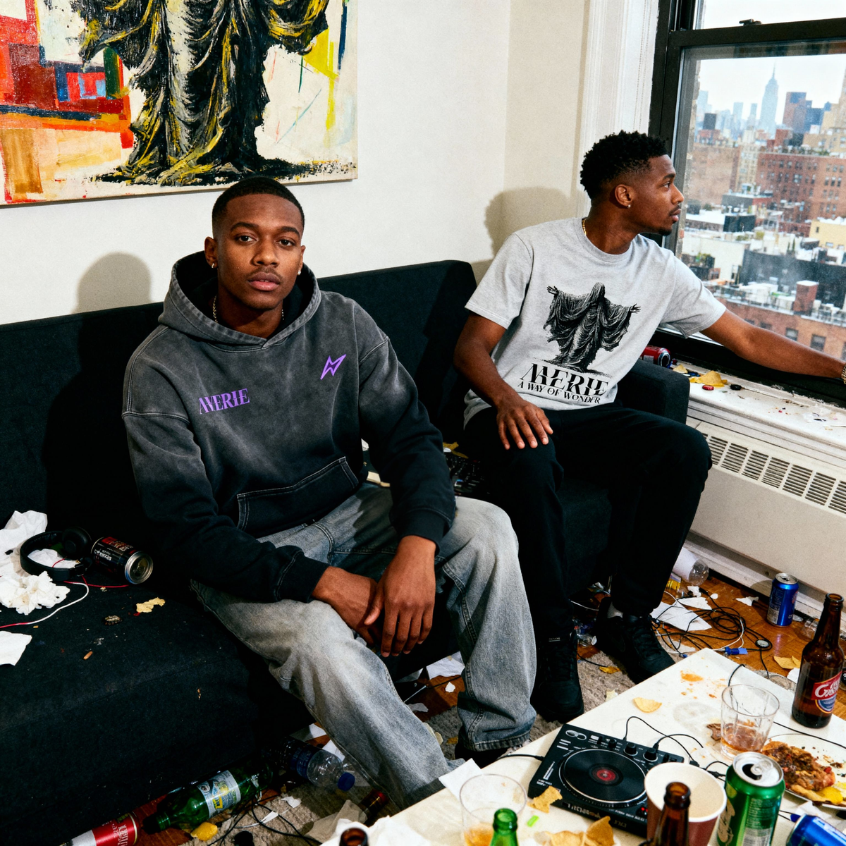 Two creatives wearing MERLE.LTD streetwear in an apartment overlooking the city